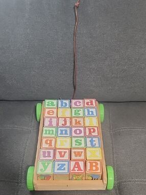 Wooden Pull-Along ABC Block Cart with Green Wheels - Multicolor Learning Toy